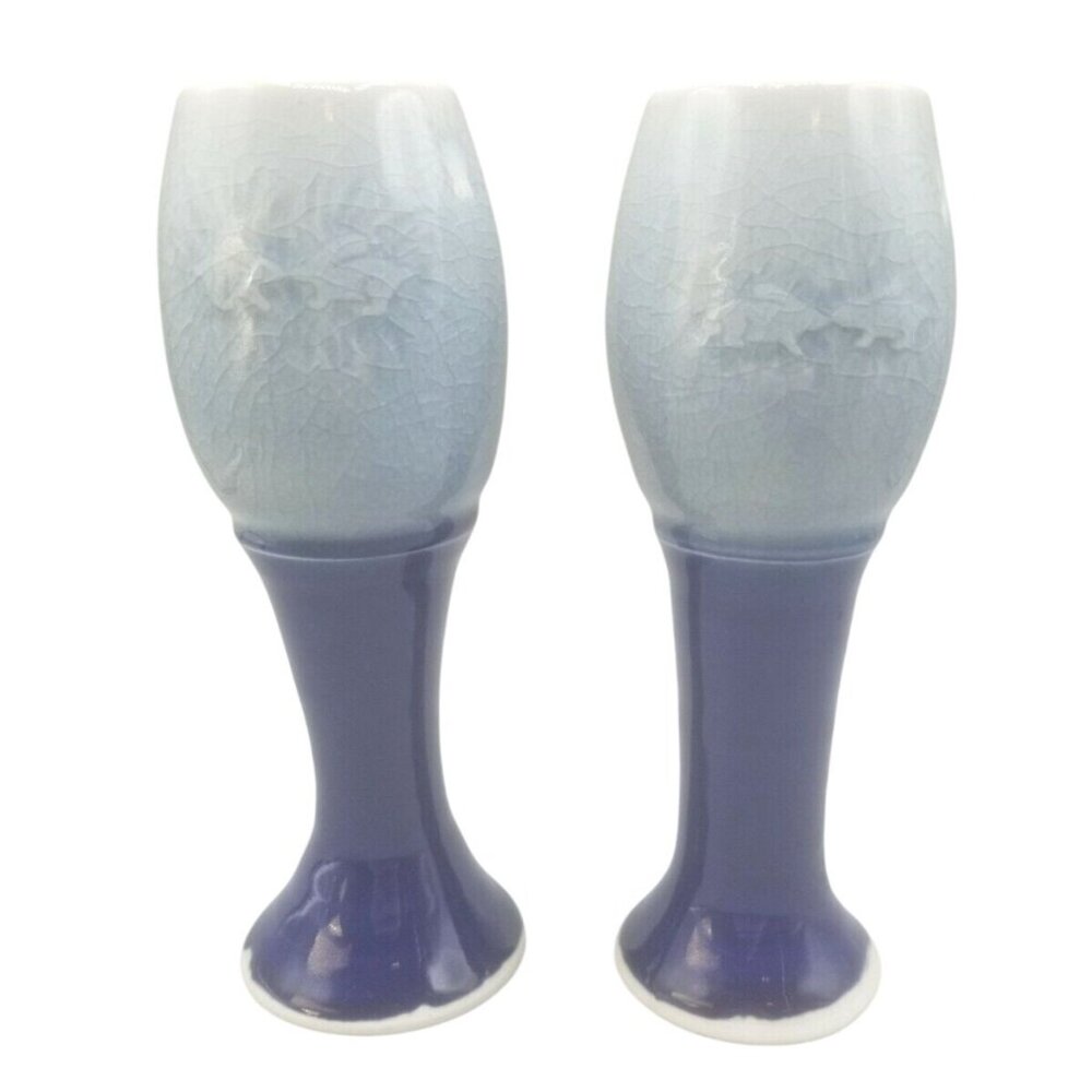 Studio Art Pottery Wine Goblets Chalices Crackle Glaze Rabbits Sun Signed Pair